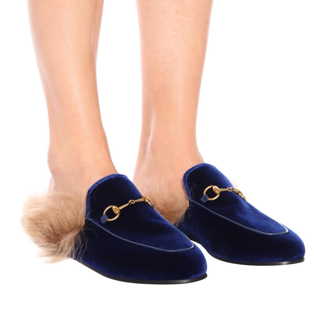 Gucci blue velvet slipper with fur